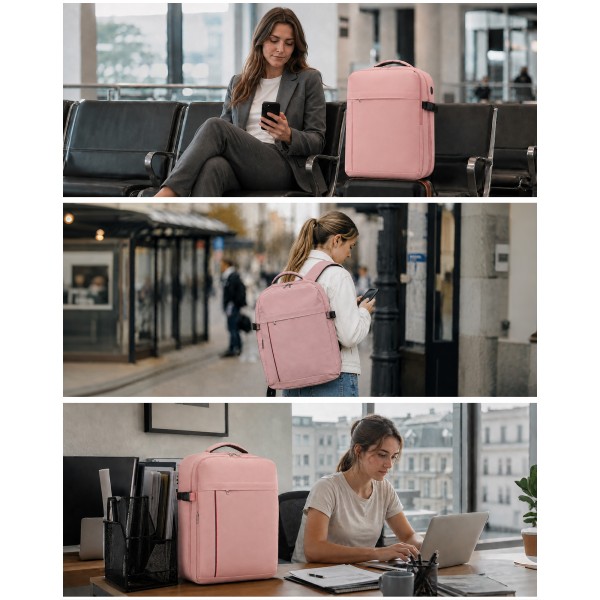 BPK2524L- Kono Verbesserter großer Kabinenrucksack, 32 L, Rucksack für 17,3-Zoll-Laptops mit atmungsaktiven druckentlastenden Gurten und Koffer-Trolleygurt für Geschäftsreisen – Rosa