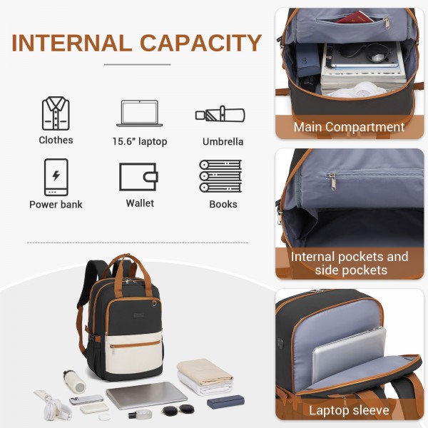 BPK2527 - Kono Functional Water-Resistant Laptop Backpack, Trendy Design with Padded Sleeve and Multiple Practical Compartments - Black and Beige