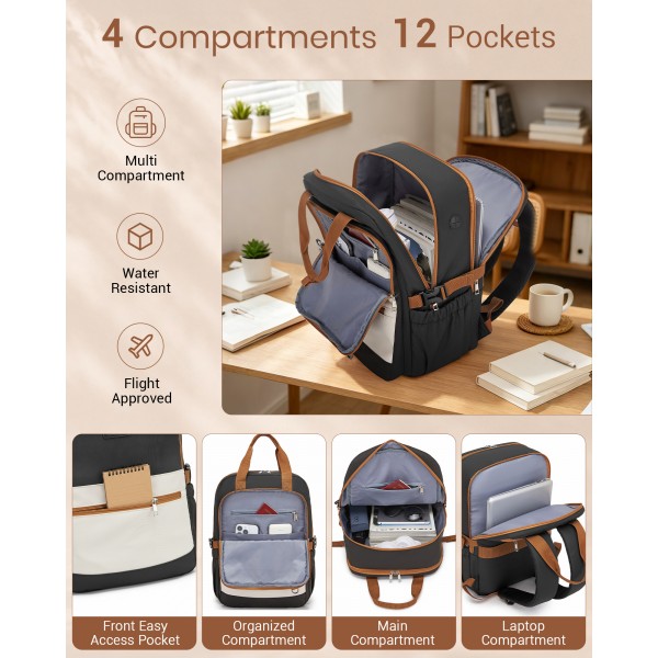 BPK2527 - Kono Funktioneller wasserabweisender Laptop-Rucksack, trendiges Design mit gepolstertem Fach und mehreren praktischen Fächern - Schwarz und Beige
