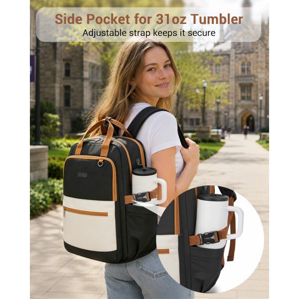 BPK2527 - Kono Funktioneller wasserabweisender Laptop-Rucksack, trendiges Design mit gepolstertem Fach und mehreren praktischen Fächern - Schwarz und Beige