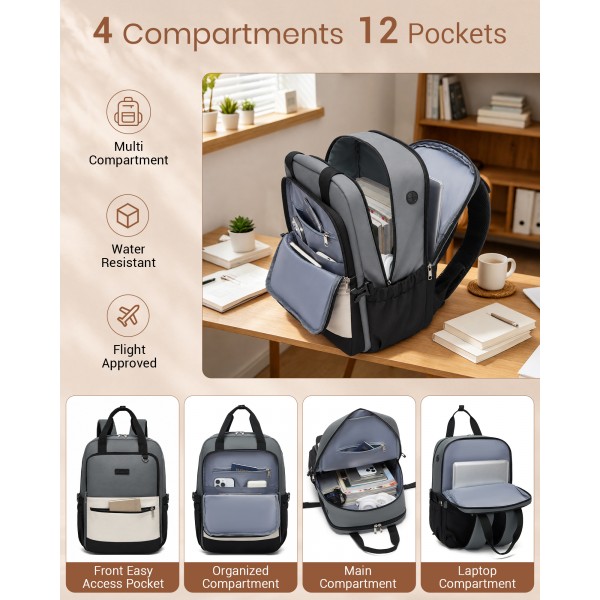 BPK2527 - Kono Funktioneller wasserabweisender Laptop-Rucksack, trendiges Design mit gepolstertem Fach und mehreren praktischen Fächern - Grau und Beige