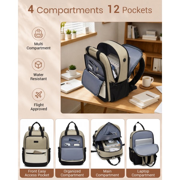 BPK2527 - Kono Funktioneller wasserabweisender Laptop-Rucksack, trendiges Design mit gepolstertem Fach und mehreren praktischen Fächern - Khaki und Beige