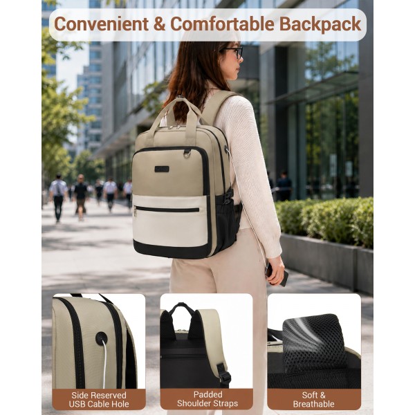 BPK2527 - Kono Funktioneller wasserabweisender Laptop-Rucksack, trendiges Design mit gepolstertem Fach und mehreren praktischen Fächern - Khaki und Beige