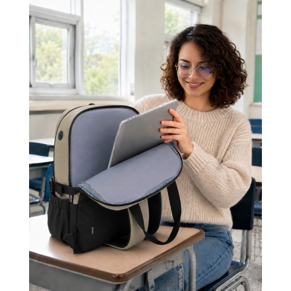 BPK2527 - Kono Funktioneller wasserabweisender Laptop-Rucksack, trendiges Design mit gepolstertem Fach und mehreren praktischen Fächern - Khaki und Beige