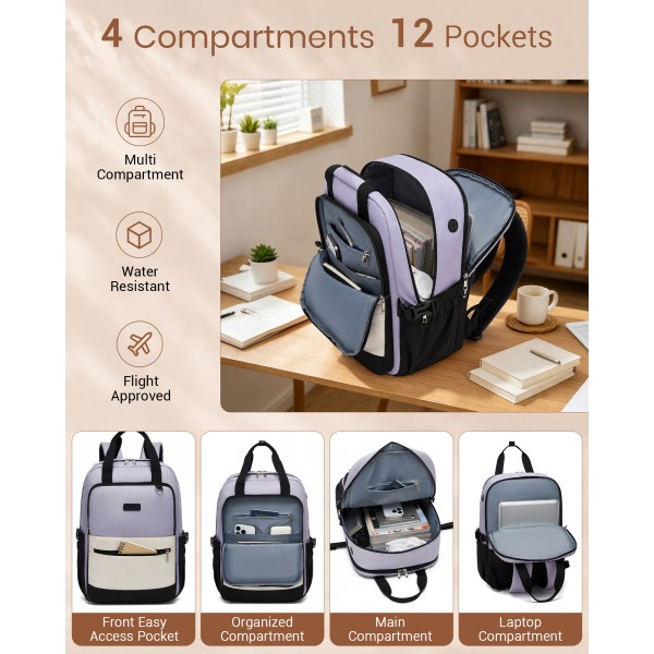 BPK2527 - Kono Functional Water-Resistant Laptop Backpack, Trendy Design with Padded Sleeve and Multiple Practical Compartments - Purple and Beige