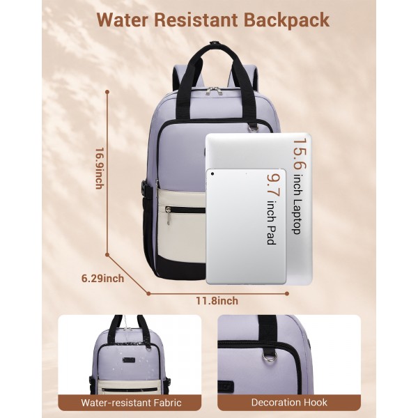 BPK2527 - Kono Functional Water-Resistant Laptop Backpack, Trendy Design with Padded Sleeve and Multiple Practical Compartments - Purple and Beige