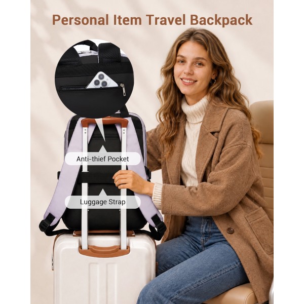 BPK2527 - Kono Functional Water-Resistant Laptop Backpack, Trendy Design with Padded Sleeve and Multiple Practical Compartments - Purple and Beige