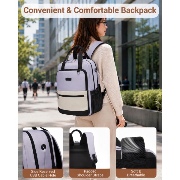 BPK2527 - Kono Functional Water-Resistant Laptop Backpack, Trendy Design with Padded Sleeve and Multiple Practical Compartments - Purple and Beige