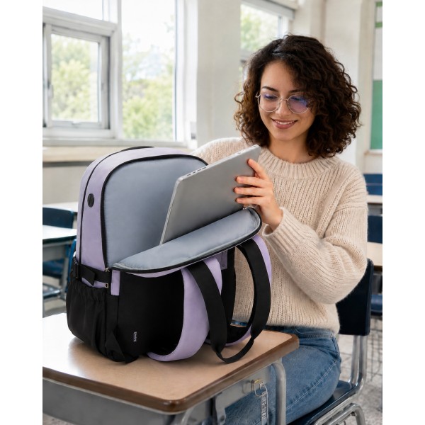 BPK2527 - Kono Functional Water-Resistant Laptop Backpack, Trendy Design with Padded Sleeve and Multiple Practical Compartments - Purple and Beige