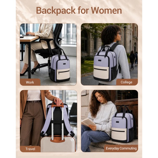 BPK2527 - Kono Functional Water-Resistant Laptop Backpack, Trendy Design with Padded Sleeve and Multiple Practical Compartments - Purple and Beige
