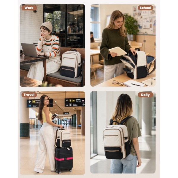 BPK2529 - Kono Compact 15.6" Laptop Travel Backpack - 40x30x20cm, Fits Under Seat Storage, with Trolley Sleeve - Beige and Black BPK2529 - Kono Compact 15.6" Laptop Travel Backpack - 40x30x20cm, Fits Under Seat Storage, with Trolley Sleeve - Beige and Black