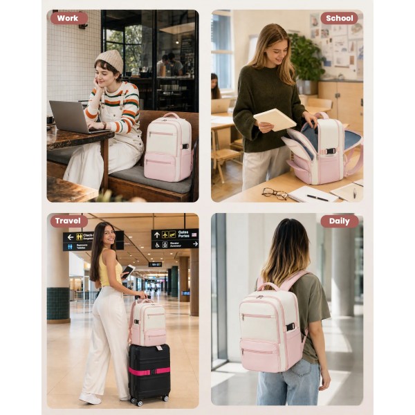 BPK2529 - Kono Compact 15.6" Laptop Travel Backpack - 40x30x20cm, Fits Under Seat Storage, with Trolley Sleeve - Beige and Pink