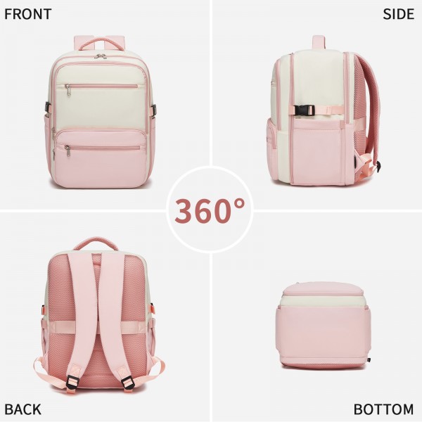BPK2529 - Kono Compact 15.6" Laptop Travel Backpack - 40x30x20cm, Fits Under Seat Storage, with Trolley Sleeve - Beige and Pink