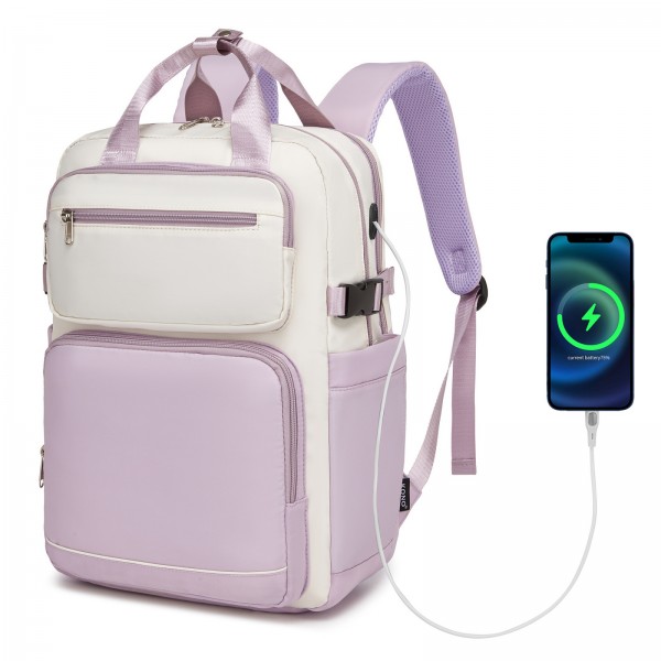 BPK2530 - Kono Spacious Water-Resistant Laptop Backpack for Travel & Commuting - 15.6" Padded Laptop Compartment, Reflective Strip - Beige and Purple