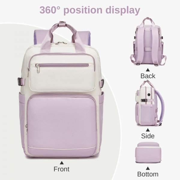 BPK2530 - Kono Spacious Water-Resistant Laptop Backpack for Travel & Commuting - 15.6" Padded Laptop Compartment, Reflective Strip - Beige and Purple