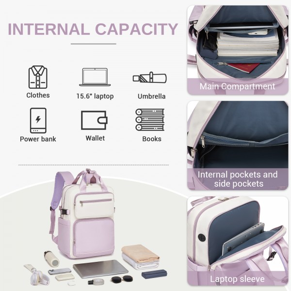 BPK2530 - Kono Spacious Water-Resistant Laptop Backpack for Travel & Commuting - 15.6" Padded Laptop Compartment, Reflective Strip - Beige and Purple