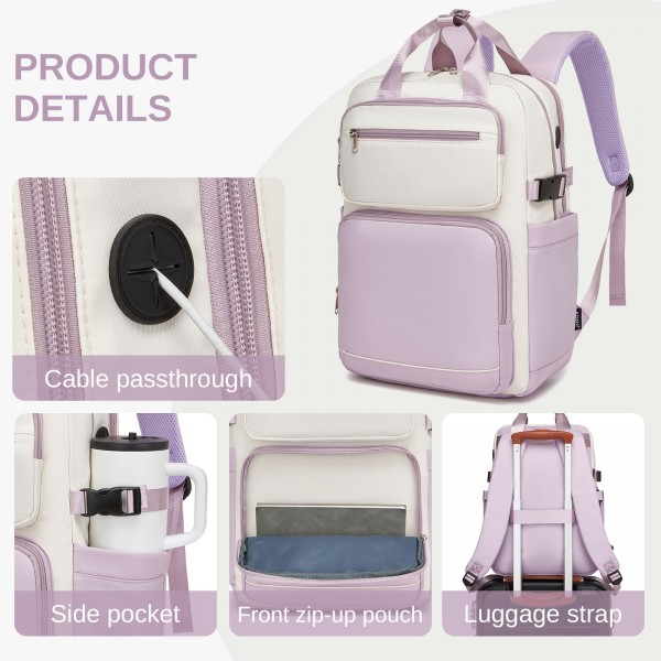 BPK2530 - Kono Spacious Water-Resistant Laptop Backpack for Travel & Commuting - 15.6" Padded Laptop Compartment, Reflective Strip - Beige and Purple