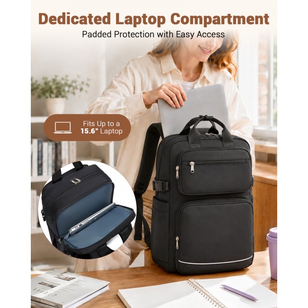 BPK2530 - Kono Geräumiger, wasserabweisender Laptop-Rucksack für Reisen und Pendeln - Gepolsterter Laptop-Fach für 15,6", Reflektorstreifen - Schwarz