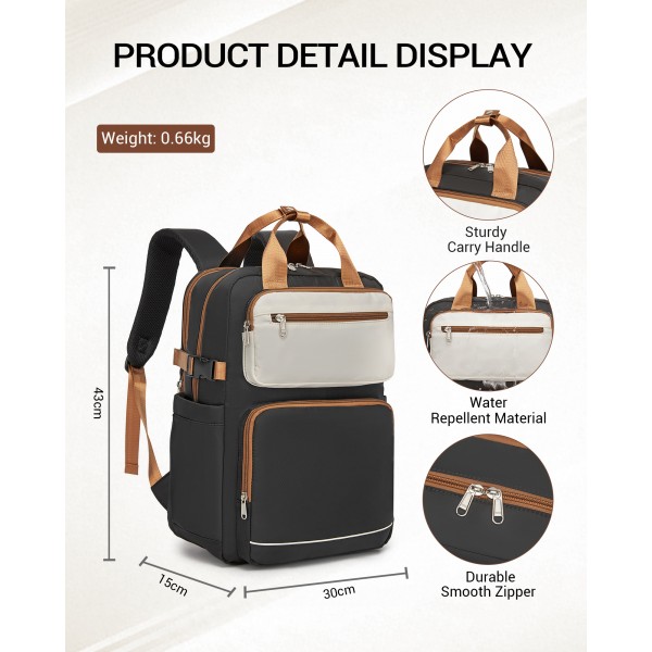 BPK2530 - Kono Spacious Water-Resistant Laptop Backpack for Travel & Commuting - 15.6" Padded Laptop Compartment, Reflective Strip - Black and Beige