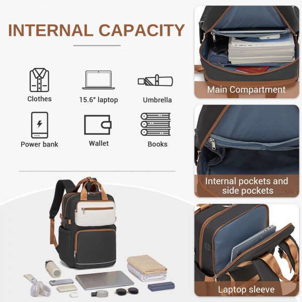BPK2530 - Kono Spacious Water-Resistant Laptop Backpack for Travel & Commuting - 15.6" Padded Laptop Compartment, Reflective Strip - Black and Beige