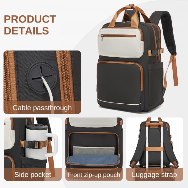 BPK2530 - Kono Spacious Water-Resistant Laptop Backpack for Travel & Commuting - 15.6" Padded Laptop Compartment, Reflective Strip - Black and Beige