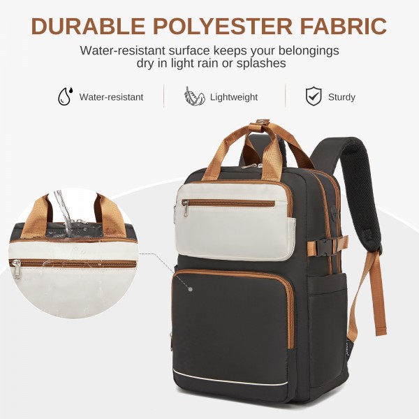 BPK2530 - Kono Spacious Water-Resistant Laptop Backpack for Travel & Commuting - 15.6" Padded Laptop Compartment, Reflective Strip - Black and Beige