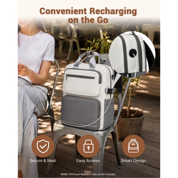 BPK2530 - Kono Spacious Water-Resistant Laptop Backpack for Travel & Commuting - 15.6" Padded Laptop Compartment, Reflective Strip - Beige and Grey