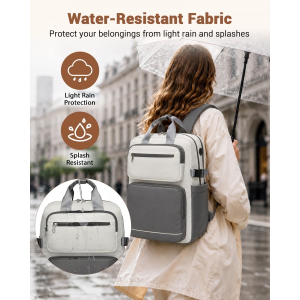 BPK2530 - Kono Spacious Water-Resistant Laptop Backpack for Travel & Commuting - 15.6" Padded Laptop Compartment, Reflective Strip - Beige and Grey