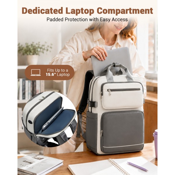 BPK2530 - Kono Spacious Water-Resistant Laptop Backpack for Travel & Commuting - 15.6" Padded Laptop Compartment, Reflective Strip - Beige and Grey
