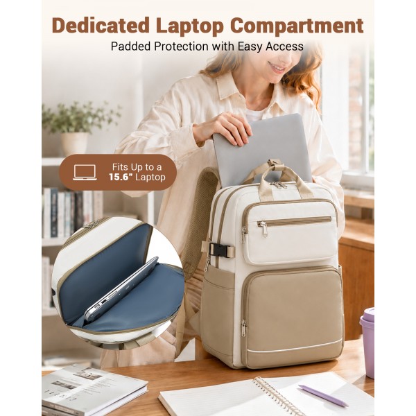 BPK2530 - Kono Geräumiger, wasserabweisender Laptop-Rucksack für Reisen und Pendeln - Gepolsterter Laptop-Fach für 15,6", Reflektorstreifen - Beige und Khaki