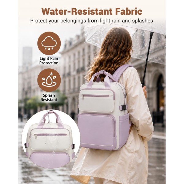 BPK2530 - Kono Spacious Water-Resistant Laptop Backpack for Travel & Commuting - 15.6" Padded Laptop Compartment, Reflective Strip - Beige and Purple