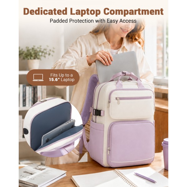BPK2530 - Kono Spacious Water-Resistant Laptop Backpack for Travel & Commuting - 15.6" Padded Laptop Compartment, Reflective Strip - Beige and Purple