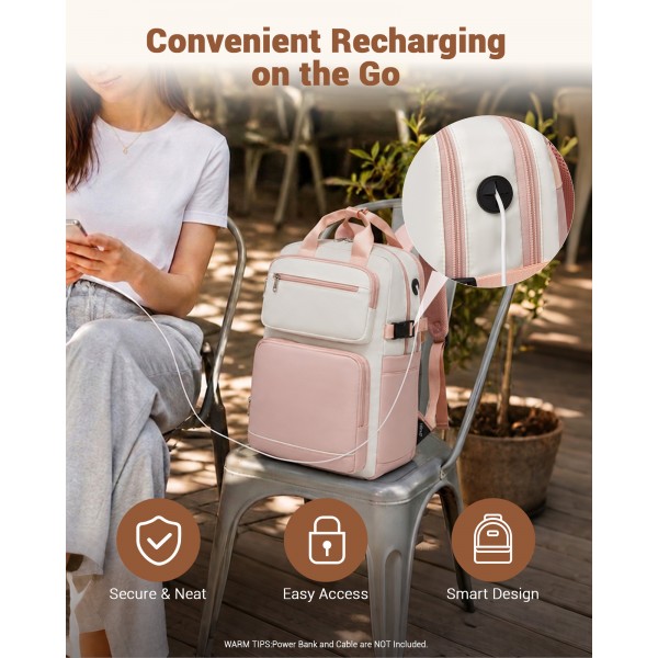 BPK2530 - Kono Spacious Water-Resistant Laptop Backpack for Travel & Commuting - 15.6" Padded Laptop Compartment, Reflective Strip - Beige and Pink