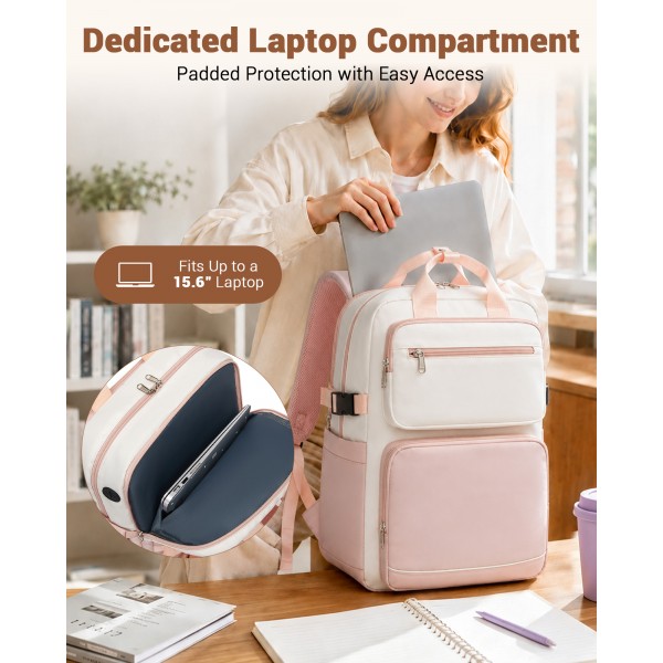 BPK2530 - Kono Spacious Water-Resistant Laptop Backpack for Travel & Commuting - 15.6" Padded Laptop Compartment, Reflective Strip - Beige and Pink