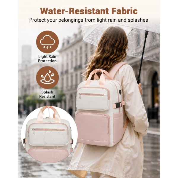 BPK2530 - Kono Spacious Water-Resistant Laptop Backpack for Travel & Commuting - 15.6" Padded Laptop Compartment, Reflective Strip - Beige and Pink
