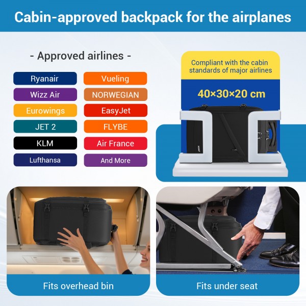 BPK2551 - Kono Flexible Cabin Backpack 30×20×40-Fits 15.6" Laptop, Clamshell Access-Great for Holidays, Work Trips & Commuting - Black