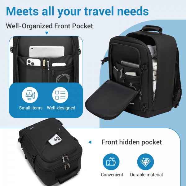 BPK2551 - Kono Flexible Cabin Backpack 30×20×40-Fits 15.6" Laptop, Clamshell Access-Great for Holidays, Work Trips & Commuting - Black