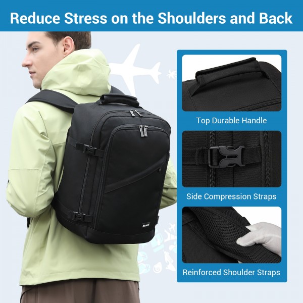 BPK2551 - Kono Flexible Cabin Backpack 30×20×40-Fits 15.6" Laptop, Clamshell Access-Great for Holidays, Work Trips & Commuting - Black