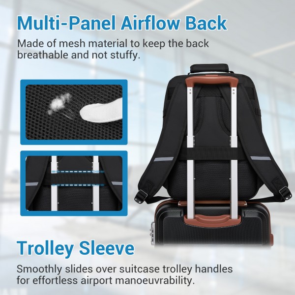 BPK2551 - Kono Flexible Cabin Backpack 30×20×40-Fits 15.6" Laptop, Clamshell Access-Great for Holidays, Work Trips & Commuting - Black