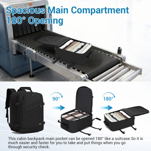 BPK2551 - Kono Flexible Cabin Backpack 30×20×40-Fits 15.6" Laptop, Clamshell Access-Great for Holidays, Work Trips & Commuting - Black