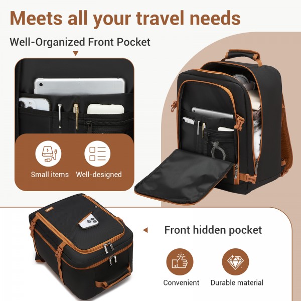 BPK2551 - Kono Flexible Cabin Backpack 30×20×40-Fits 15.6" Laptop, Clamshell Access-Great for Holidays, Work Trips & Commuting - Black and Brown