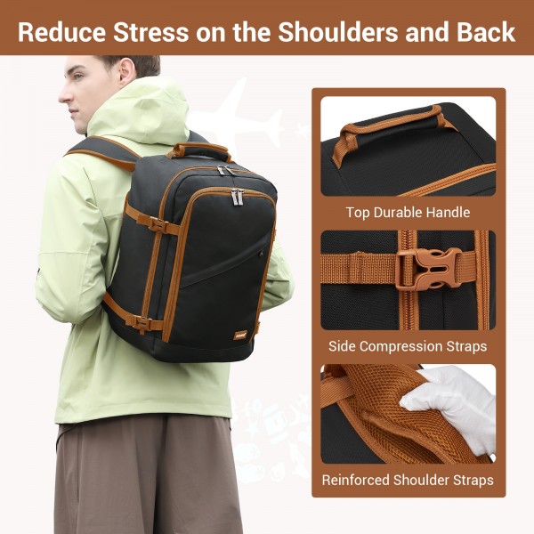 BPK2551 - Kono Flexible Cabin Backpack 30×20×40-Fits 15.6" Laptop, Clamshell Access-Great for Holidays, Work Trips & Commuting - Black and Brown