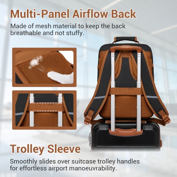 BPK2551 - Kono Flexible Cabin Backpack 30×20×40-Fits 15.6" Laptop, Clamshell Access-Great for Holidays, Work Trips & Commuting - Black and Brown