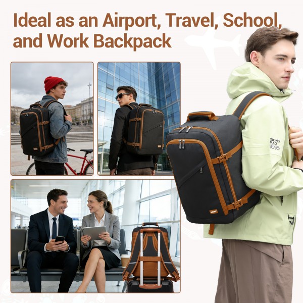 BPK2551 - Kono Flexible Cabin Backpack 30×20×40-Fits 15.6" Laptop, Clamshell Access-Great for Holidays, Work Trips & Commuting - Black and Brown
