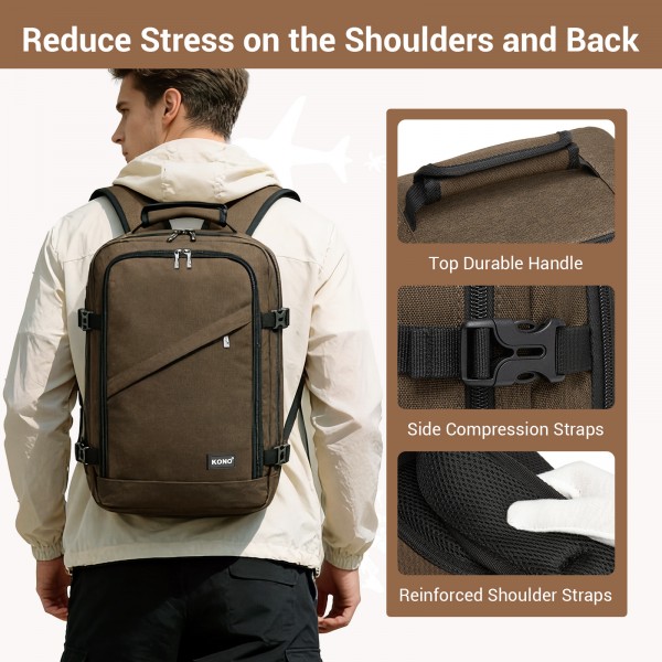 BPK2551 - Kono Flexible Cabin Backpack 30×20×40-Fits 15.6" Laptop, Clamshell Access-Great for Holidays, Work Trips & Commuting - Brown