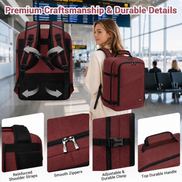 BPK2551 - Kono Flexibler Kabinen-Rucksack 30×20×40 – für 15,6"-Laptop, Koffer-Öffnung – perfekt für Urlaub, Geschäftsreisen & Pendeln – Burgund