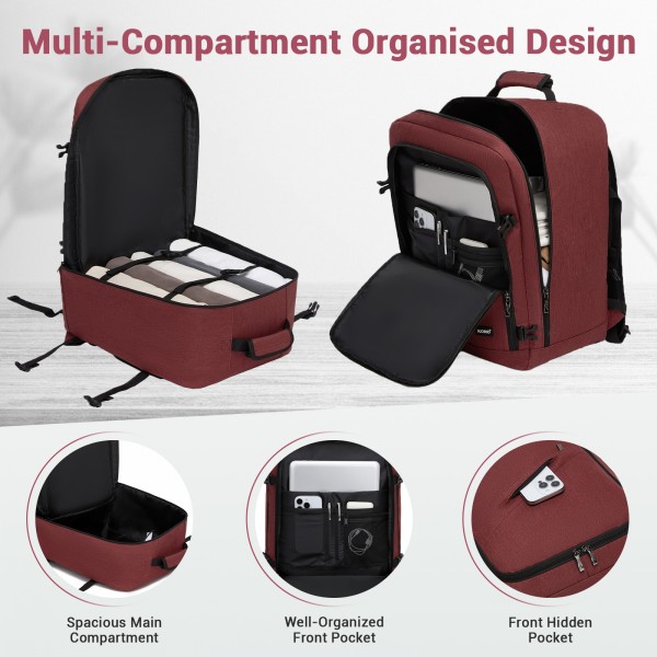 BPK2551 - Kono Flexibler Kabinen-Rucksack 30×20×40 – für 15,6"-Laptop, Koffer-Öffnung – perfekt für Urlaub, Geschäftsreisen & Pendeln – Burgund