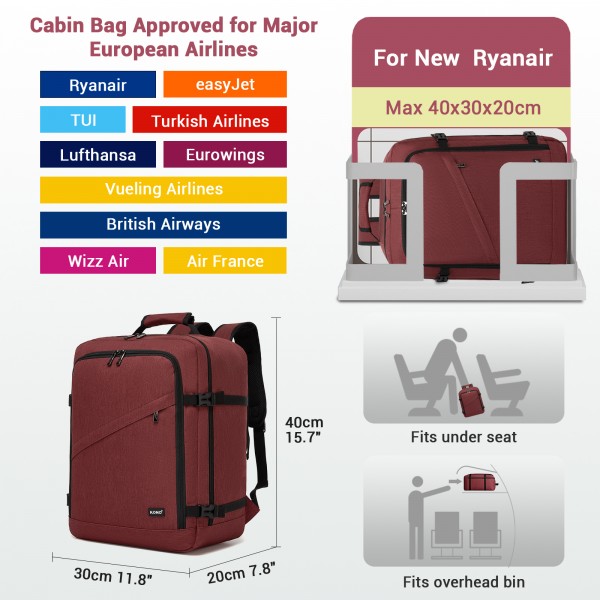 BPK2551 - Kono Flexibler Kabinen-Rucksack 30×20×40 – für 15,6"-Laptop, Koffer-Öffnung – perfekt für Urlaub, Geschäftsreisen & Pendeln – Burgund