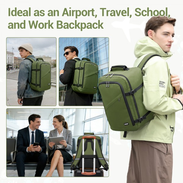 BPK2551 - Kono Flexible Cabin Backpack 30×20×40-Fits 15.6" Laptop, Clamshell Access-Great for Holidays, Work Trips & Commuting - Green