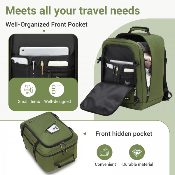 BPK2551 - Kono Flexible Cabin Backpack 30×20×40-Fits 15.6" Laptop, Clamshell Access-Great for Holidays, Work Trips & Commuting - Green
